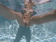 Nude aquafit session in secluded holiday pool, showcase of long labia and pierced nipples